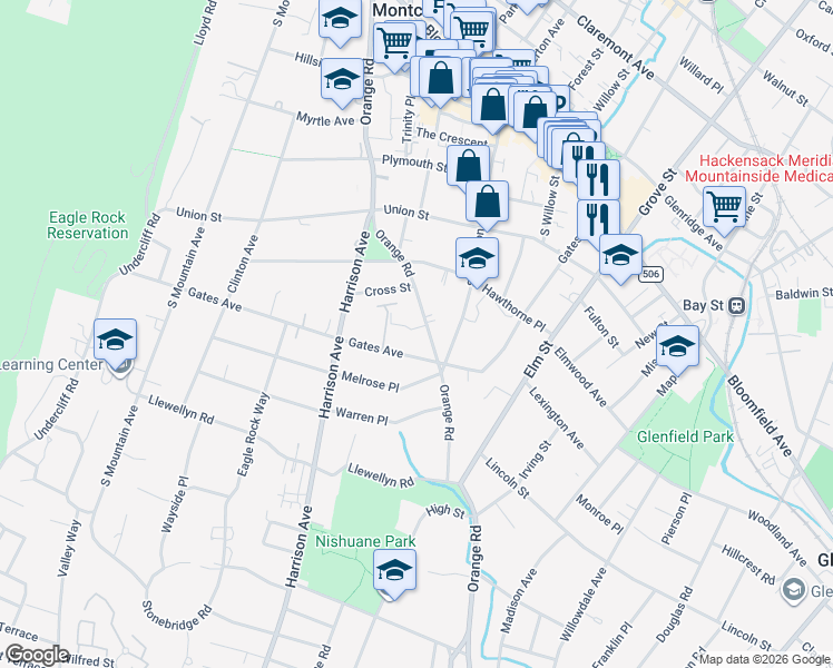 map of restaurants, bars, coffee shops, grocery stores, and more near 101 Gates Avenue in Montclair