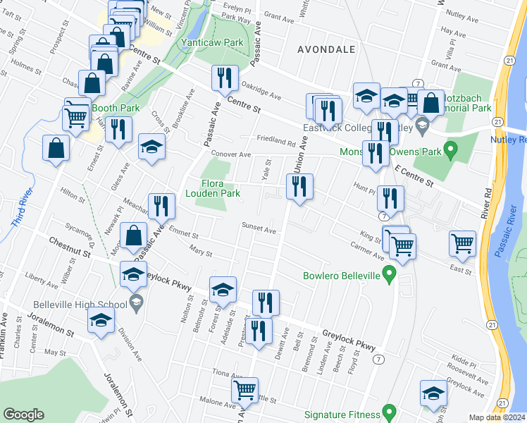 map of restaurants, bars, coffee shops, grocery stores, and more near 8 Yale Street in Nutley
