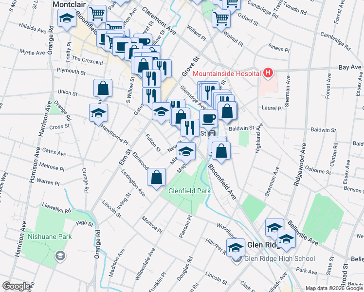 map of restaurants, bars, coffee shops, grocery stores, and more near 3 New Street in Montclair