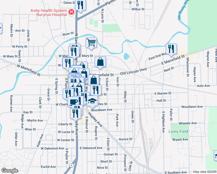 map of restaurants, bars, coffee shops, grocery stores, and more near 403 East Rensselaer Street in Bucyrus