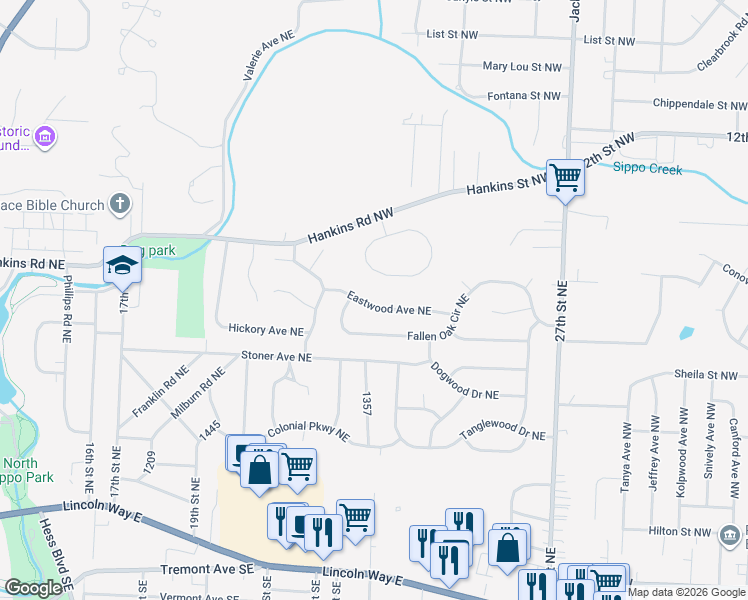 map of restaurants, bars, coffee shops, grocery stores, and more near 2244 Eastwood Avenue Northeast in Massillon