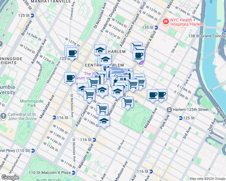 map of restaurants, bars, coffee shops, grocery stores, and more near 123 Adam Clayton Powell Junior Boulevard in New York