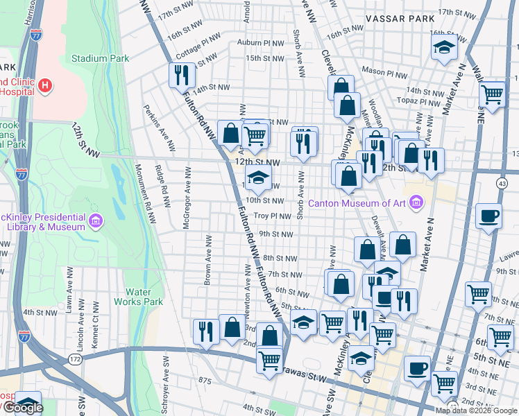 map of restaurants, bars, coffee shops, grocery stores, and more near 1100 10th Street Northwest in Canton