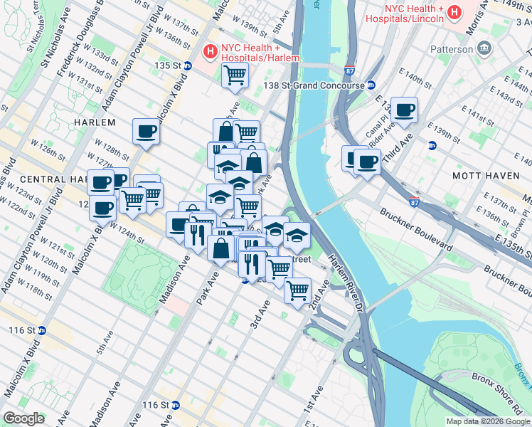 map of restaurants, bars, coffee shops, grocery stores, and more near 107 East 129th Street in New York