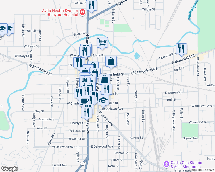 map of restaurants, bars, coffee shops, grocery stores, and more near 235 East Rensselaer Street in Bucyrus