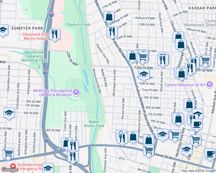 map of restaurants, bars, coffee shops, grocery stores, and more near 936 Ridge Road Northwest in Canton