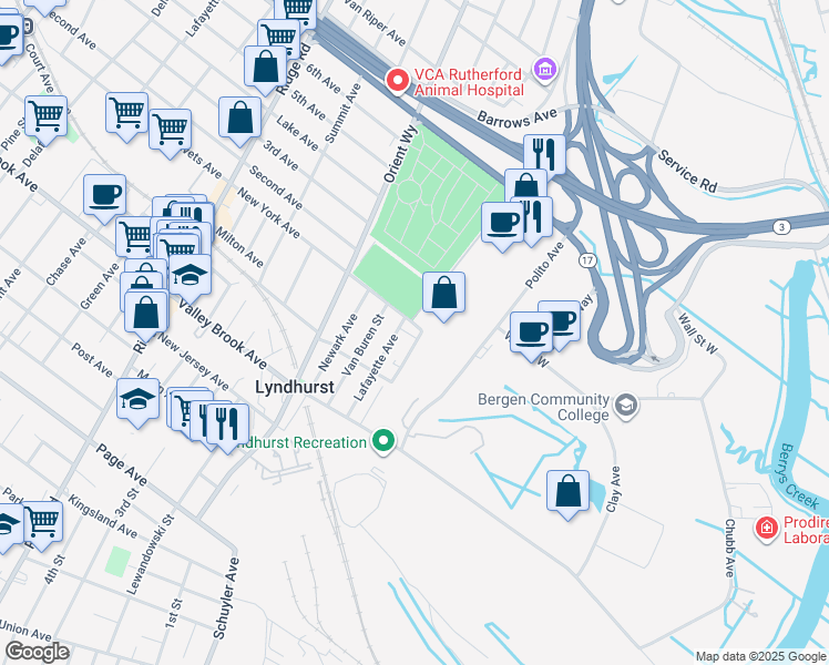 map of restaurants, bars, coffee shops, grocery stores, and more near 200 Madison Street in Lyndhurst