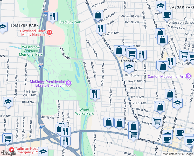 map of restaurants, bars, coffee shops, grocery stores, and more near 936 Ridge Road Northwest in Canton