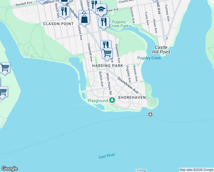 map of restaurants, bars, coffee shops, grocery stores, and more near 108 Bolton Avenue in Bronx