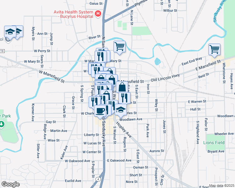 map of restaurants, bars, coffee shops, grocery stores, and more near 202 South Walnut Street in Bucyrus