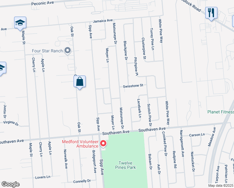 map of restaurants, bars, coffee shops, grocery stores, and more near 36 Matsunaye Drive in Medford