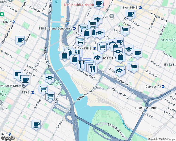 map of restaurants, bars, coffee shops, grocery stores, and more near 139 Alexander Avenue in Bronx