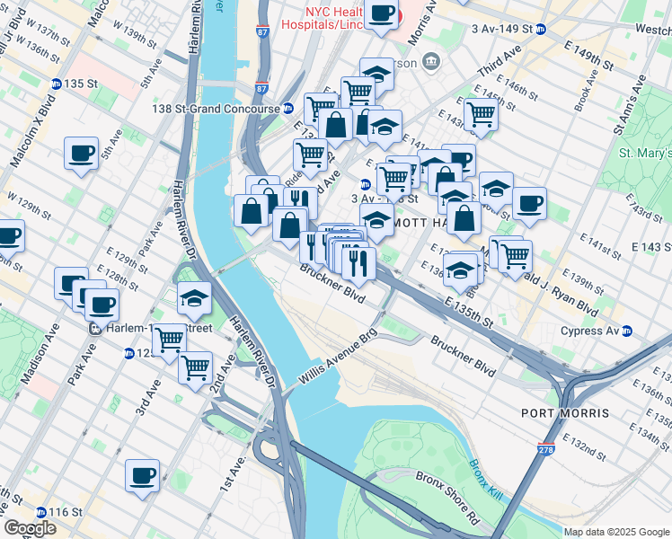 map of restaurants, bars, coffee shops, grocery stores, and more near in The Bronx