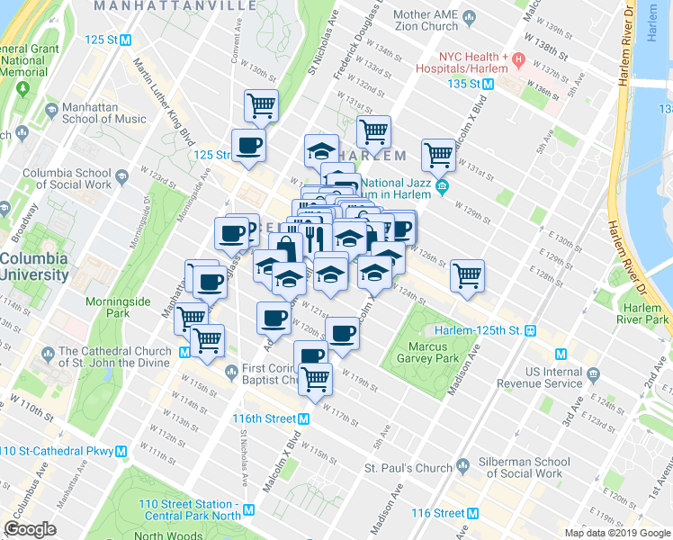 map of restaurants, bars, coffee shops, grocery stores, and more near 157 West 123rd Street in New York