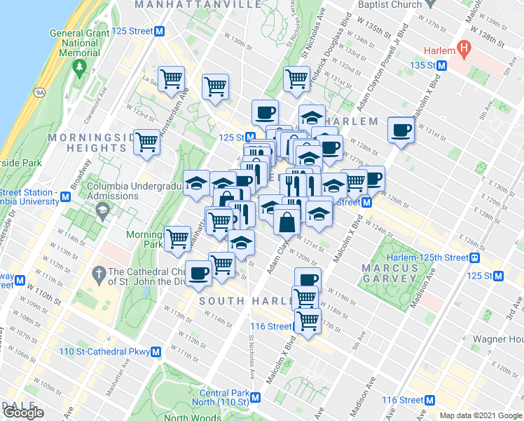 map of restaurants, bars, coffee shops, grocery stores, and more near 234 West 122nd Street in New York