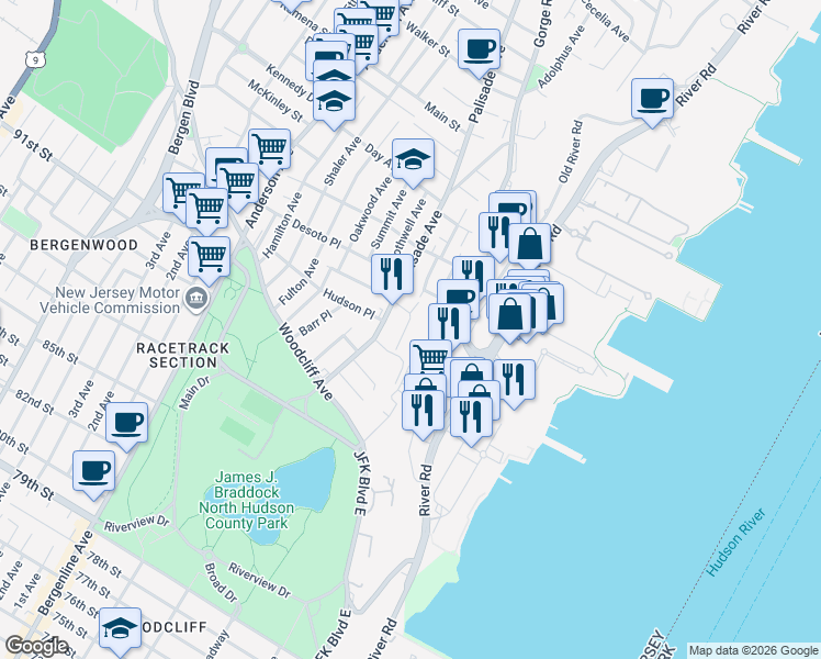 map of restaurants, bars, coffee shops, grocery stores, and more near 54 Palisade Avenue in Cliffside Park