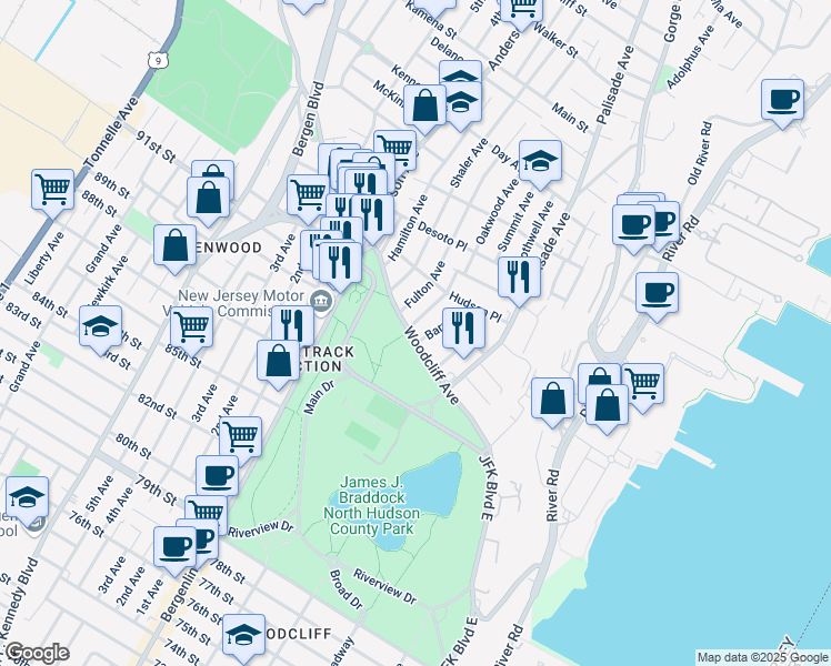 map of restaurants, bars, coffee shops, grocery stores, and more near in North Bergen