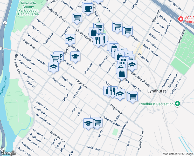 map of restaurants, bars, coffee shops, grocery stores, and more near 438 Post Avenue in Lyndhurst