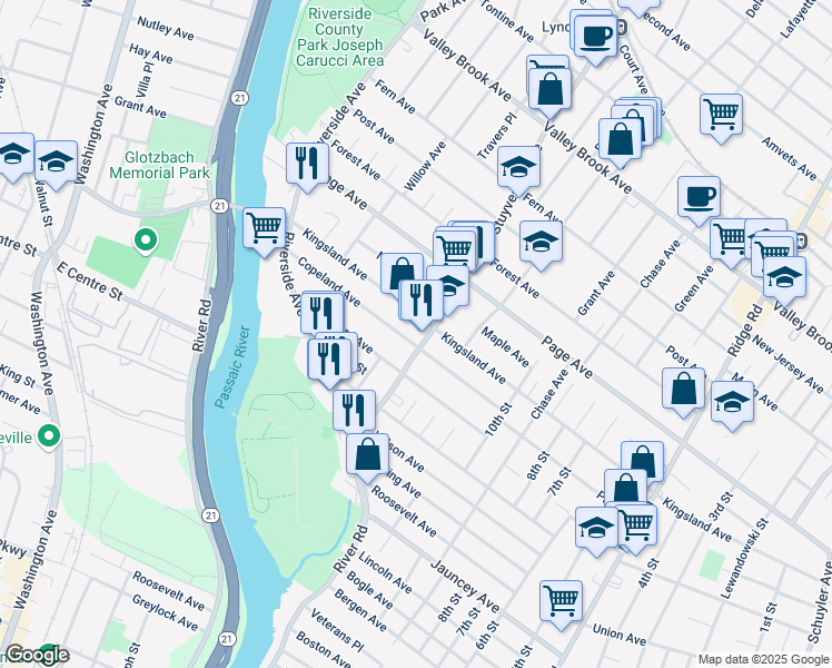 map of restaurants, bars, coffee shops, grocery stores, and more near 300 Kingsland Avenue in Lyndhurst