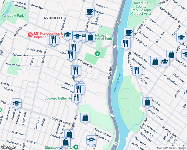 map of restaurants, bars, coffee shops, grocery stores, and more near 115 E Centre St in Nutley