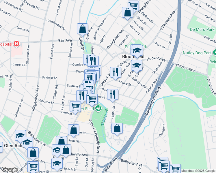 map of restaurants, bars, coffee shops, grocery stores, and more near 9 Beekman Street in Bloomfield