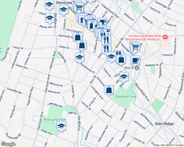 map of restaurants, bars, coffee shops, grocery stores, and more near 52 Gates Avenue in Montclair