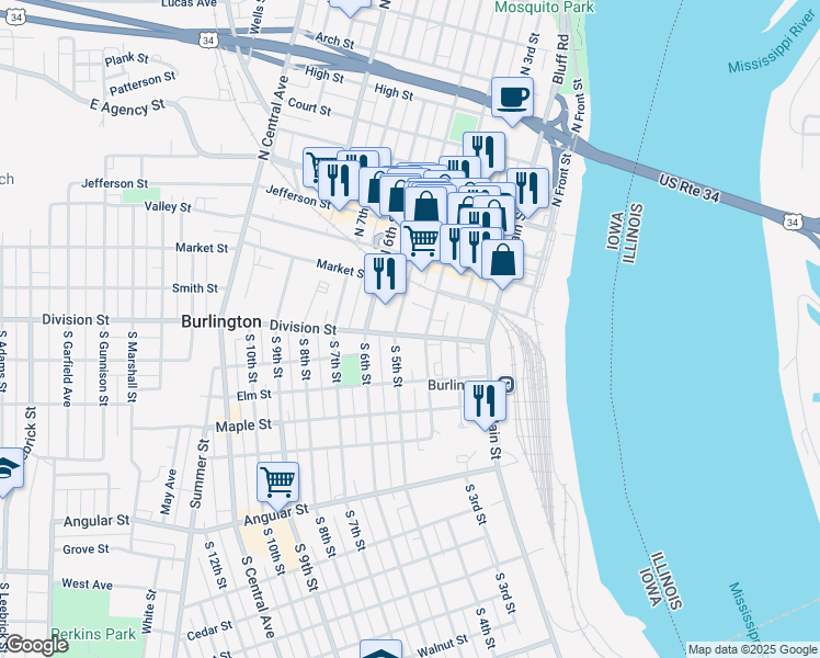 map of restaurants, bars, coffee shops, grocery stores, and more near 412 Division St in Burlington