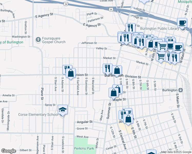 map of restaurants, bars, coffee shops, grocery stores, and more near 1317 Division Street in Burlington