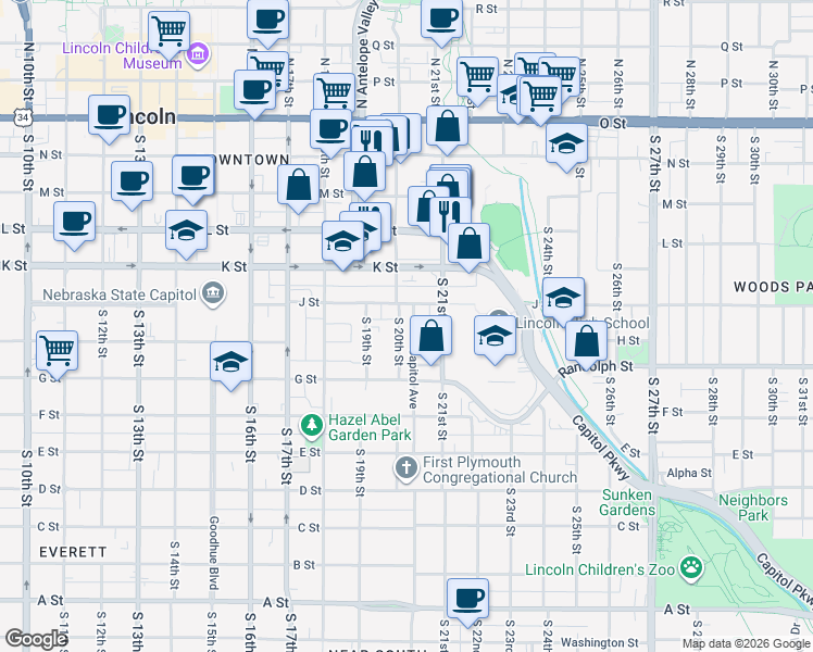 map of restaurants, bars, coffee shops, grocery stores, and more near 6 Capitol Avenue in Lincoln