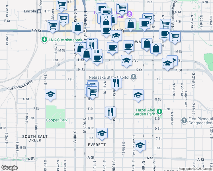 map of restaurants, bars, coffee shops, grocery stores, and more near 1216 H Street in Lincoln