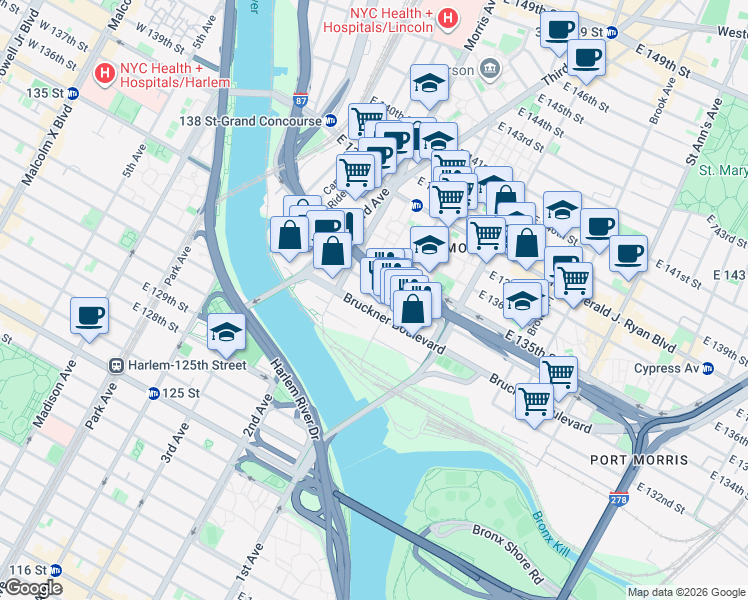map of restaurants, bars, coffee shops, grocery stores, and more near 27 Bruckner Boulevard in Bronx