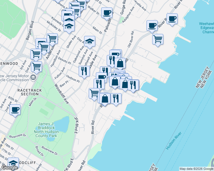 map of restaurants, bars, coffee shops, grocery stores, and more near 200 Old River Road in Edgewater