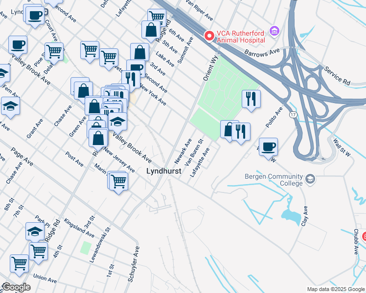 map of restaurants, bars, coffee shops, grocery stores, and more near 241 Newark Avenue in Lyndhurst