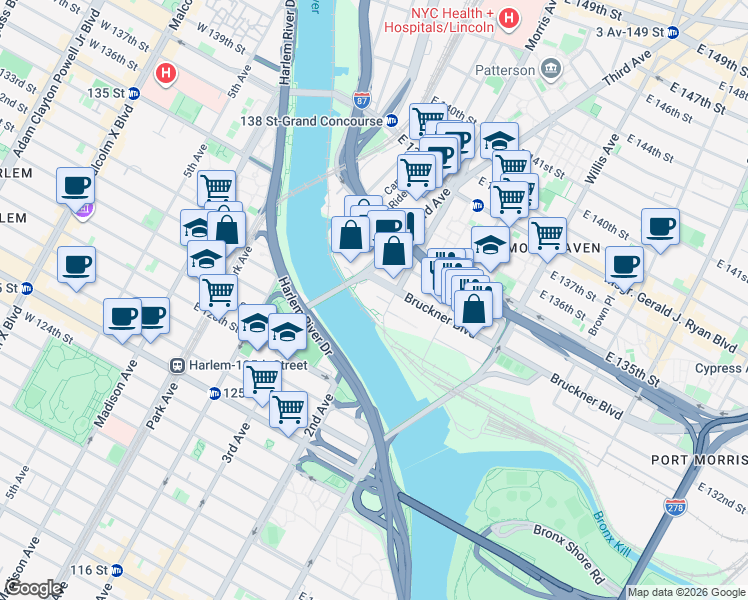map of restaurants, bars, coffee shops, grocery stores, and more near 101 Lincoln Avenue in The Bronx