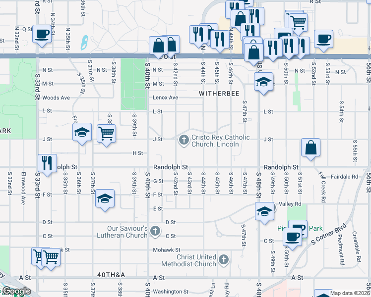map of restaurants, bars, coffee shops, grocery stores, and more near 4221 J Street in Lincoln
