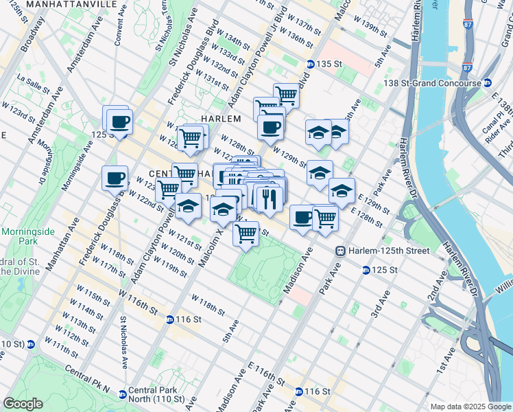 map of restaurants, bars, coffee shops, grocery stores, and more near 55 West 125th Street in New York