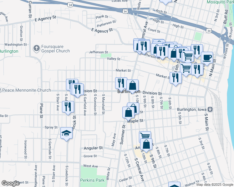 map of restaurants, bars, coffee shops, grocery stores, and more near 1205 Division Street in Burlington
