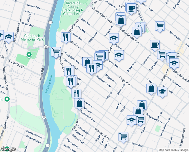 map of restaurants, bars, coffee shops, grocery stores, and more near 300 Kingsland Avenue in Lyndhurst
