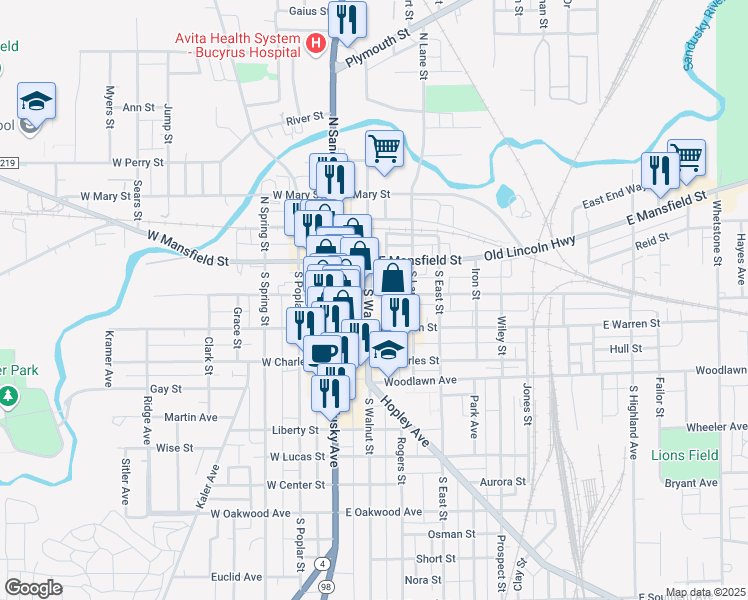 map of restaurants, bars, coffee shops, grocery stores, and more near 202 South Walnut Street in Bucyrus