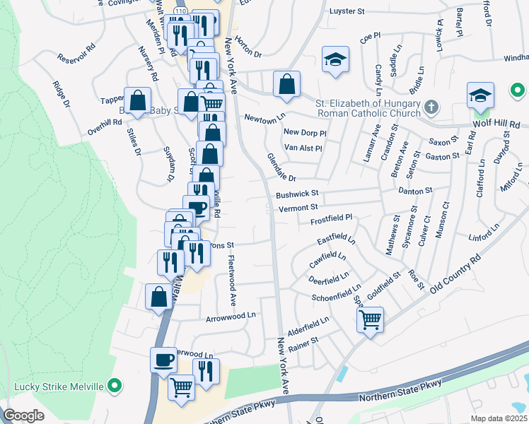 map of restaurants, bars, coffee shops, grocery stores, and more near 2495 New York Avenue in Melville