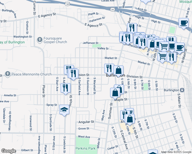 map of restaurants, bars, coffee shops, grocery stores, and more near 1317 Division Street in Burlington