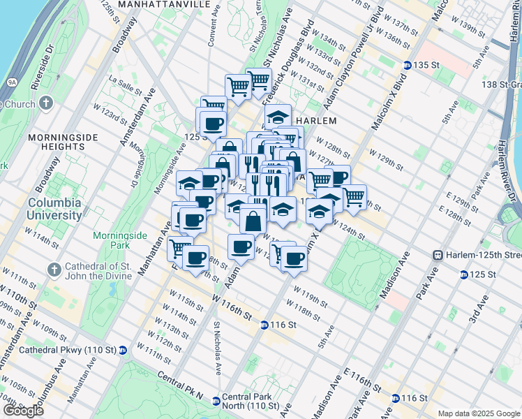 map of restaurants, bars, coffee shops, grocery stores, and more near 2046 Adam Clayton Powell Junior Boulevard in New York