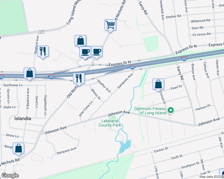 map of restaurants, bars, coffee shops, grocery stores, and more near 79 Shafter Street in Islandia