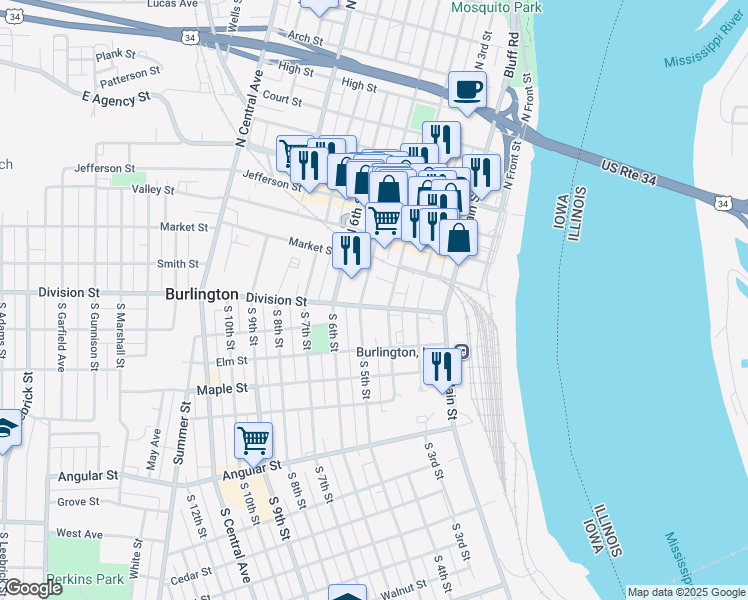 map of restaurants, bars, coffee shops, grocery stores, and more near 412 Division St in Burlington