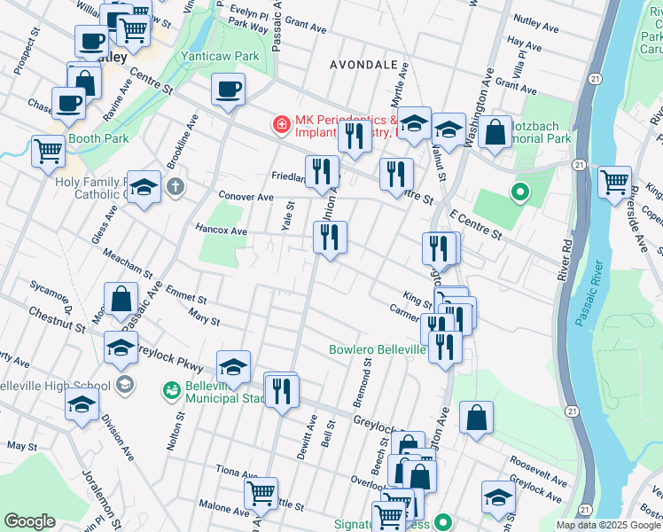 map of restaurants, bars, coffee shops, grocery stores, and more near 108 King Street in Nutley