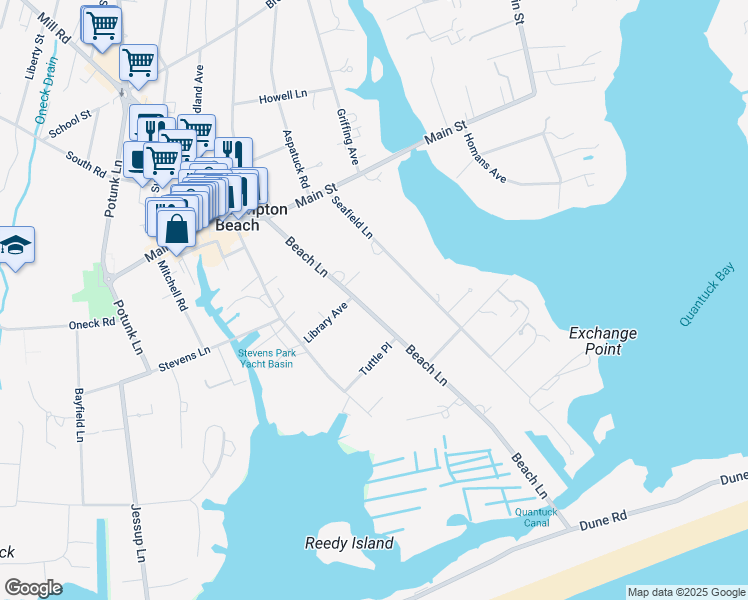 map of restaurants, bars, coffee shops, grocery stores, and more near 62 Beach Lane in Westhampton Beach