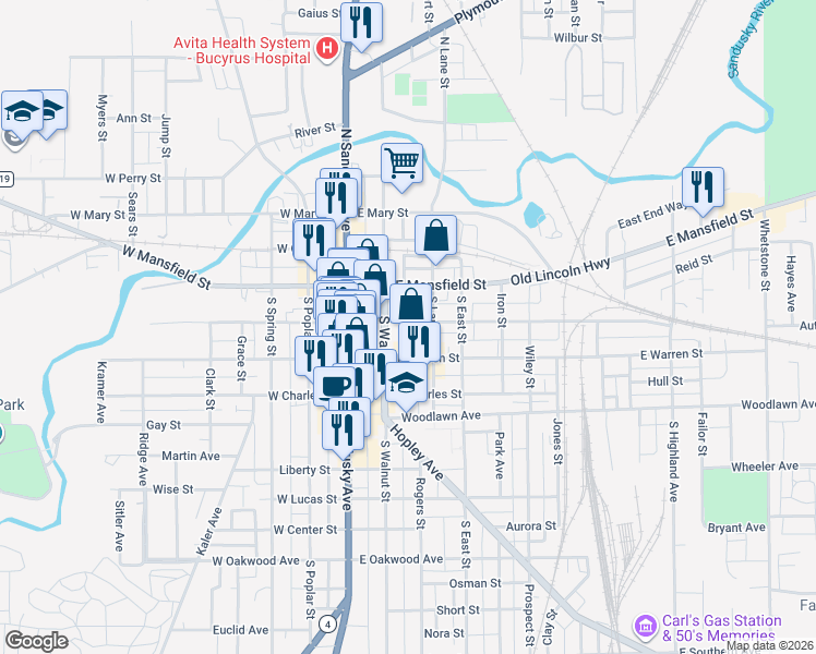 map of restaurants, bars, coffee shops, grocery stores, and more near 235 East Rensselaer Street in Bucyrus