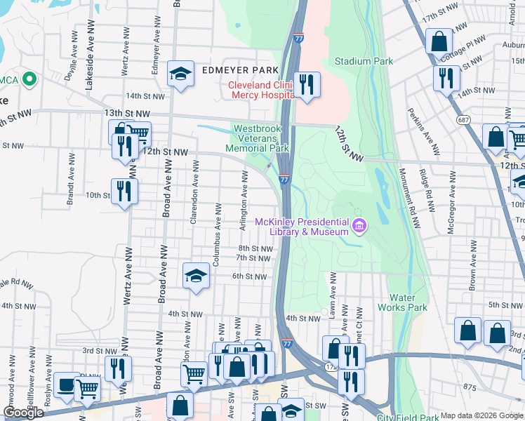 map of restaurants, bars, coffee shops, grocery stores, and more near 2306 10th St NW in Canton