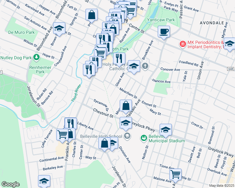 map of restaurants, bars, coffee shops, grocery stores, and more near 63-65 Newark Avenue in Belleville