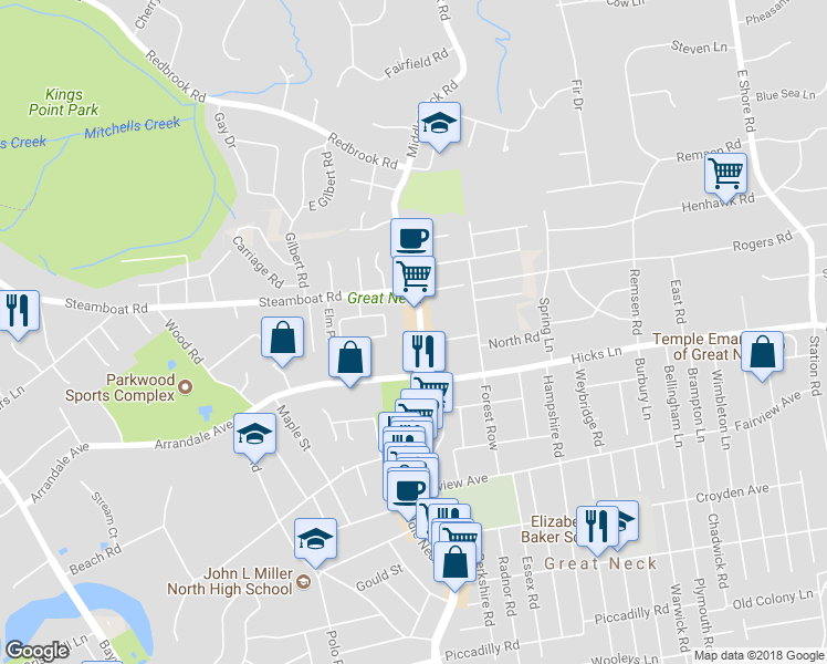 map of restaurants, bars, coffee shops, grocery stores, and more near 756 Middle Neck Road in Great Neck